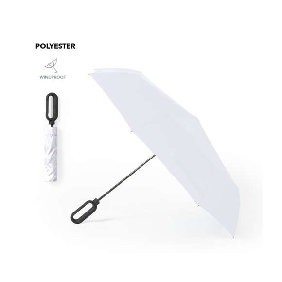 Paraguas plegable de 8 paneles en variada gama de colores. De 100cm de diámetro, apertura manual, con sistema antiviento y en resistente material pongee. Con varillas de fibra en color negro, cierre de velcro y mango ergonómico con mosquetón de enganche integrado. Presentado en funda individual a juego.