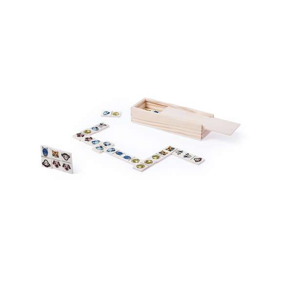 Divertido dominó de animalitos en madera. Con 28 piezas de madera y presentado en estuche de madera con tapa.