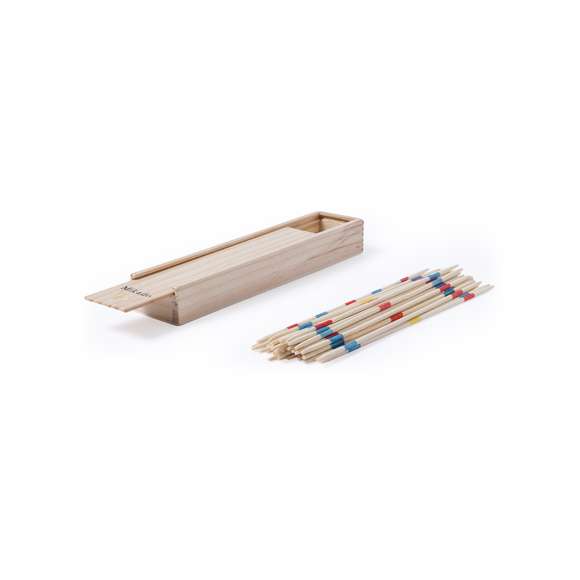 Clásico juego de habilidad mikado con 41 palitos de madera. Presentado en caja de madera con tapadera deslizante.