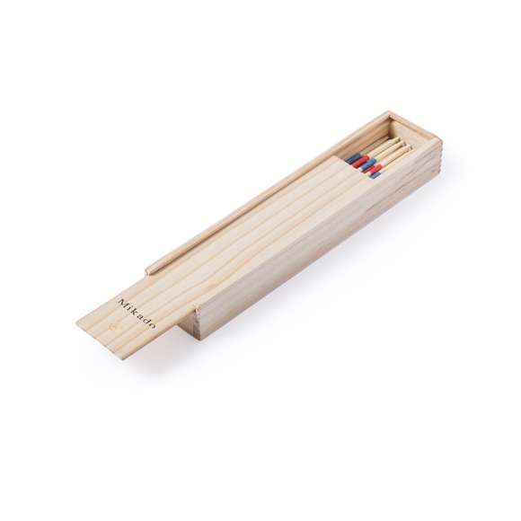 Clásico juego de habilidad mikado con 41 palitos de madera. Presentado en caja de madera con tapadera deslizante.
