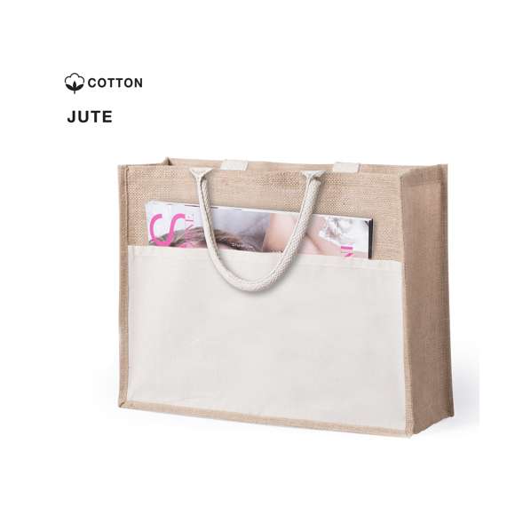Bolsa de yute con bolsillo frontal de algodón. Con asas de algodón cortas en color blanco y reforzadas. Con fuelle, de acabado cosido y resistencia hasta 10kg de peso.