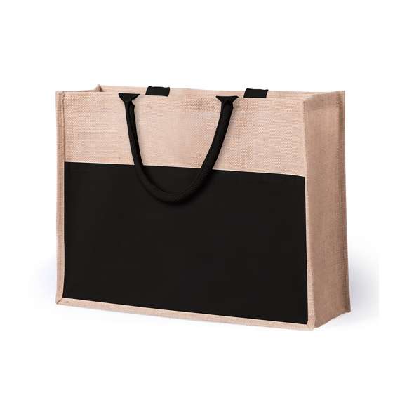Bolsa de yute con bolsillo frontal de algodón. Con asas de algodón cortas en color blanco y reforzadas. Con fuelle, de acabado cosido y resistencia hasta 10kg de peso.