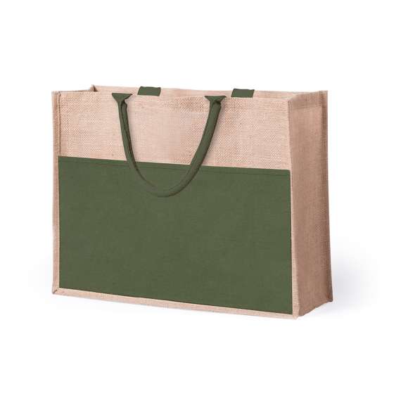 Bolsa de yute con bolsillo frontal de algodón. Con asas de algodón cortas en color blanco y reforzadas. Con fuelle, de acabado cosido y resistencia hasta 10kg de peso.