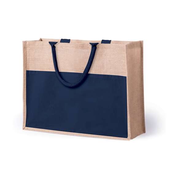 Bolsa de yute con bolsillo frontal de algodón. Con asas de algodón cortas en color blanco y reforzadas. Con fuelle, de acabado cosido y resistencia hasta 10kg de peso.