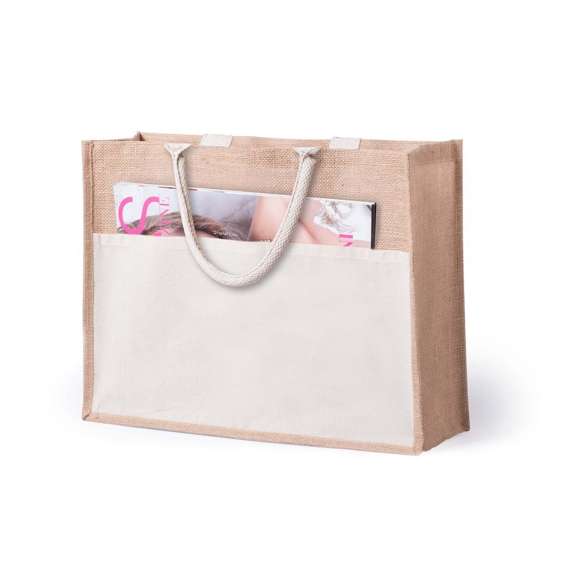 Bolsa de yute con bolsillo frontal de algodón. Con asas de algodón cortas en color blanco y reforzadas. Con fuelle, de acabado cosido y resistencia hasta 10kg de peso.