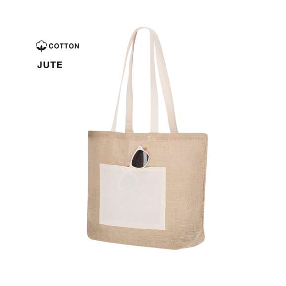 Bolsa de yute con bolsillo frontal de algodón. Con asas de algodón largas en color blanco y reforzadas. Con fuelle, de acabado cosido y resistencia hasta 10kg de peso.