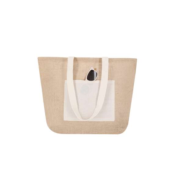Bolsa de yute con bolsillo frontal de algodón. Con asas de algodón largas en color blanco y reforzadas. Con fuelle, de acabado cosido y resistencia hasta 10kg de peso.