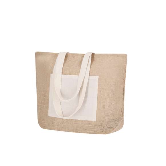 Bolsa de yute con bolsillo frontal de algodón. Con asas de algodón largas en color blanco y reforzadas. Con fuelle, de acabado cosido y resistencia hasta 10kg de peso.