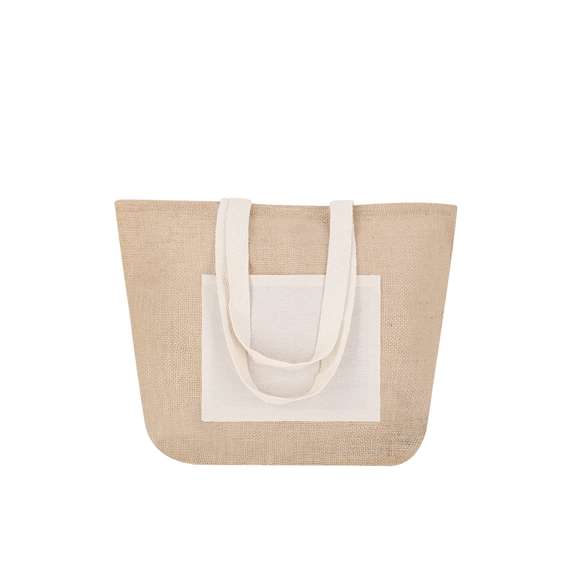 Bolsa de yute con bolsillo frontal de algodón. Con asas de algodón largas en color blanco y reforzadas. Con fuelle, de acabado cosido y resistencia hasta 10kg de peso.