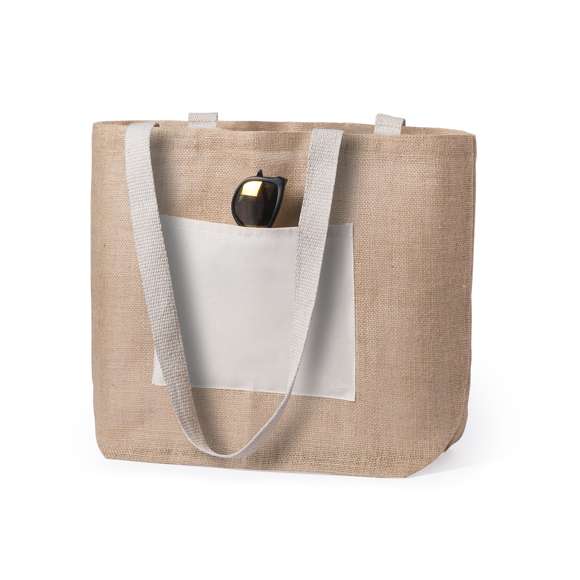Bolsa de yute con bolsillo frontal de algodón. Con asas de algodón largas en color blanco y reforzadas. Con fuelle, de acabado cosido y resistencia hasta 10kg de peso.