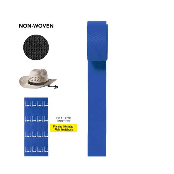 Plancha troquelada con 10 cintas de non-woven para sombrero en variada gama de vivos colores. Presentación desplegada para fácil marcaje.