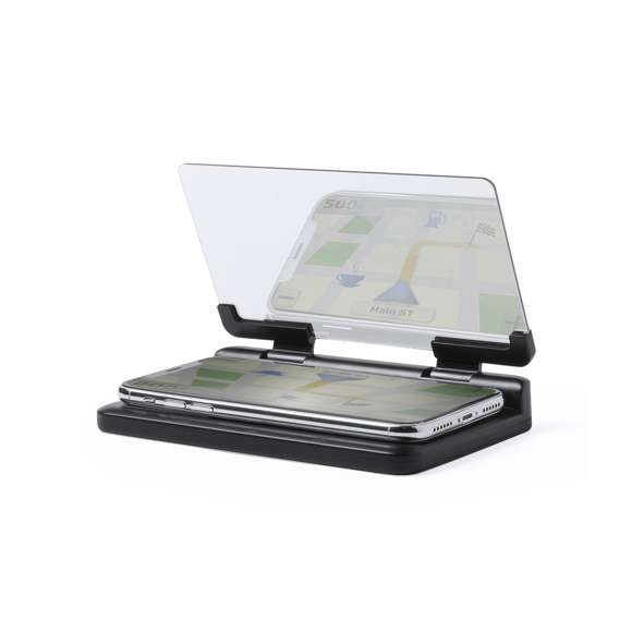 Pantalla soporte para automóvil. Con espejo duplicador de imagen ajustable y superficie anti deslizante ultra adherente para salpicadero y smartphone. Presentado en atractiva caja de diseño.