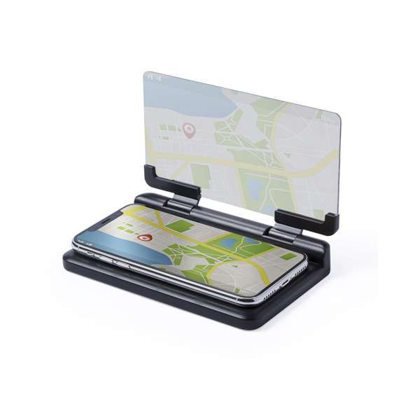 Pantalla soporte para automóvil. Con espejo duplicador de imagen ajustable y superficie anti deslizante ultra adherente para salpicadero y smartphone. Presentado en atractiva caja de diseño.