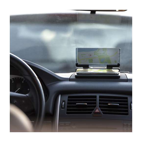 Pantalla soporte para automóvil. Con espejo duplicador de imagen ajustable y superficie anti deslizante ultra adherente para salpicadero y smartphone. Presentado en atractiva caja de diseño.