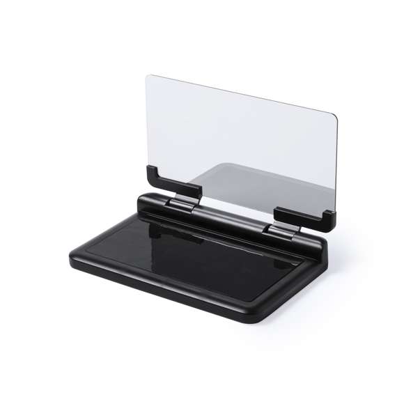 Pantalla soporte para automóvil. Con espejo duplicador de imagen ajustable y superficie anti deslizante ultra adherente para salpicadero y smartphone. Presentado en atractiva caja de diseño.