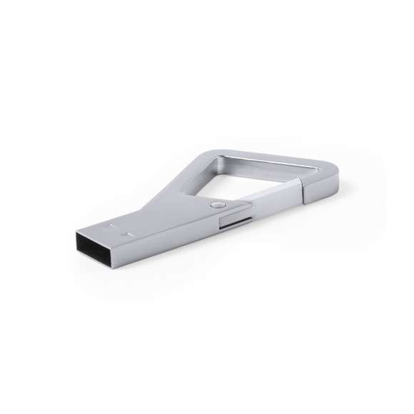 Memoria USB de 8GB de capacidad de acabado metálico y con original diseño de mosquetón con cierre en variada gama de colores. Presentada en estuche metálico individual con ventana e interior troquelado en suave espuma.