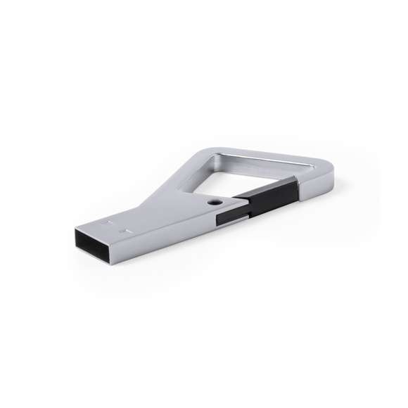 Memoria USB de 8GB de capacidad de acabado metálico y con original diseño de mosquetón con cierre en variada gama de colores. Presentada en estuche metálico individual con ventana e interior troquelado en suave espuma.