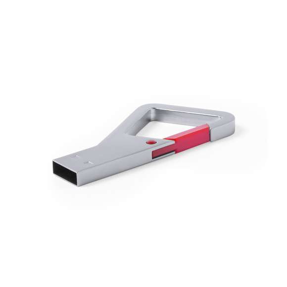 Memoria USB de 8GB de capacidad de acabado metálico y con original diseño de mosquetón con cierre en variada gama de colores. Presentada en estuche metálico individual con ventana e interior troquelado en suave espuma.