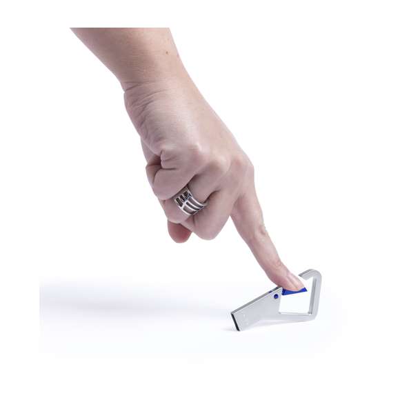 Memoria USB de 8GB de capacidad de acabado metálico y con original diseño de mosquetón con cierre en variada gama de colores. Presentada en estuche metálico individual con ventana e interior troquelado en suave espuma.