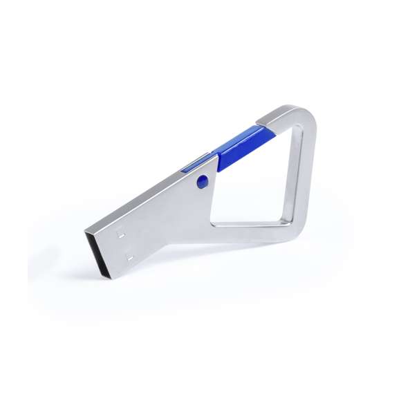Memoria USB de 8GB de capacidad de acabado metálico y con original diseño de mosquetón con cierre en variada gama de colores. Presentada en estuche metálico individual con ventana e interior troquelado en suave espuma.
