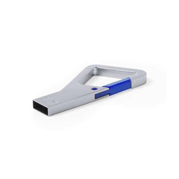 Memoria USB de 8GB de capacidad de acabado metálico y con original diseño de mosquetón con cierre en variada gama de colores. Presentada en estuche metálico individual con ventana e interior troquelado en suave espuma.