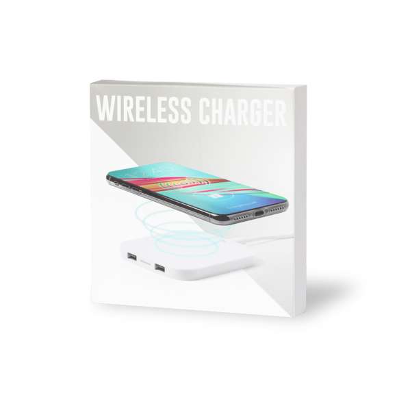 Cargador inalámbrico de diseño minimalista en color blanco. Con salida USB dual extra de 2.100 mA de capacidad para carga simultánea de dos dispositivos. Con base antideslizante. Compatible con dispositivos equipados con tecnología de carga inalámbrica y presentado en atractiva caja de diseño.