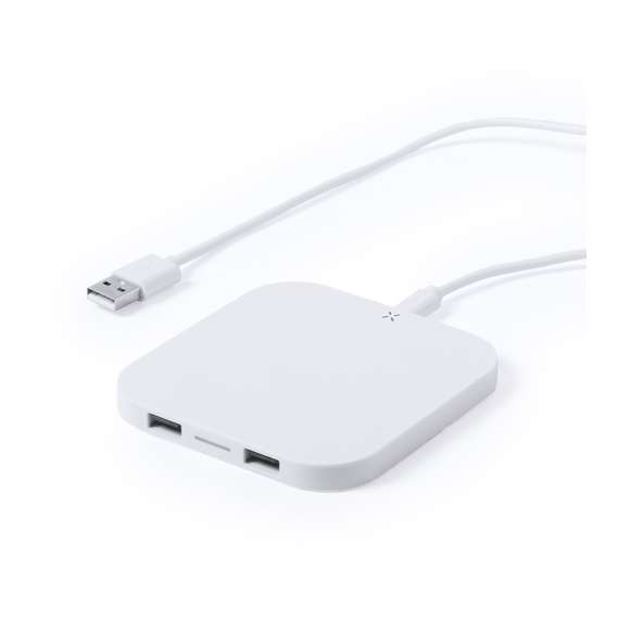 Cargador inalámbrico de diseño minimalista en color blanco. Con salida USB dual extra de 2.100 mA de capacidad para carga simultánea de dos dispositivos. Con base antideslizante. Compatible con dispositivos equipados con tecnología de carga inalámbrica y presentado en atractiva caja de diseño.