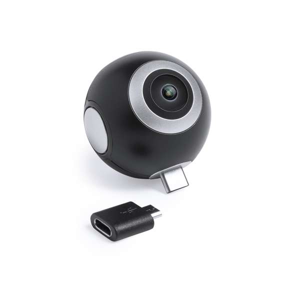 Cámara 360° con conexión Tipo-C y adaptador micro USB para dispositivos móviles Android. De alta calidad de captura de vídeo 360° con resolución HD 2048x1024p, especialmente diseñada para uso intensivo. APP disponible para disfrutar de los vídeos filmados en 360° en gafas de realidad virtual compatibles -no incluidas-. Presentada en atractiva caja de diseño.