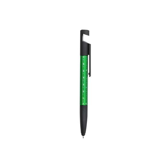 Bolígrafo 7 en 1 de mecanismo giratorio en variada gama de vivos colores. Con soporte para dispositivo móvil, puntero, limpiador de pantalla, regla integrada en cuerpo -cm y pulgadas-, destornilladores de punta plana y de estrella. Tinta azul.