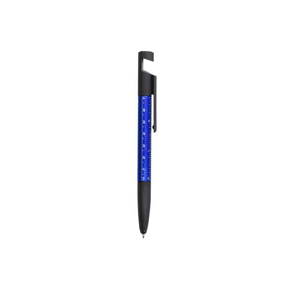 Bolígrafo 7 en 1 de mecanismo giratorio en variada gama de vivos colores. Con soporte para dispositivo móvil, puntero, limpiador de pantalla, regla integrada en cuerpo -cm y pulgadas-, destornilladores de punta plana y de estrella. Tinta azul.