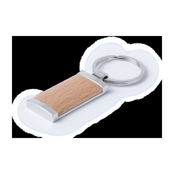 Llavero en combinación de materiales metal de acabado brillante y madera natural. Con amplia superficie para marcaje y presentado en bolsita con refuerzo de cartón en color plateado. Disponible en diseños circular y rectangular.