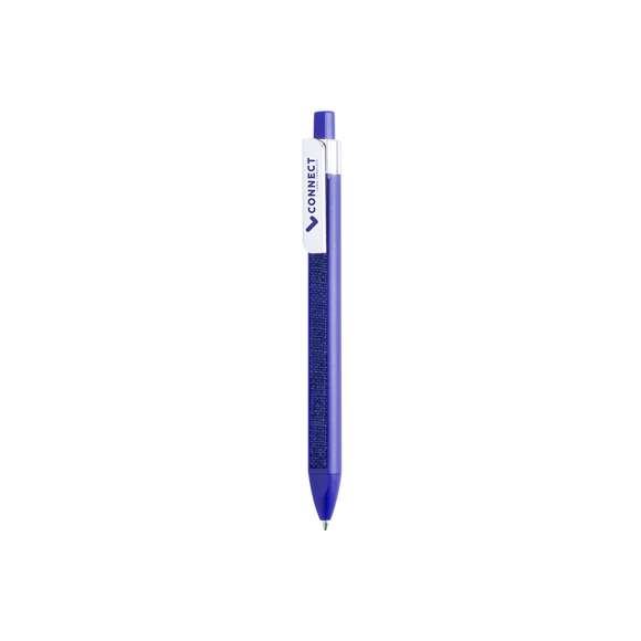  	Original bolígrafo de mecanismo pulsador con diseño cuadrangular y suave tira de tela a juego integrada en cuerpo. En variada gama de vivos colores y con clip rectangular para marcaje. Tinta azul.