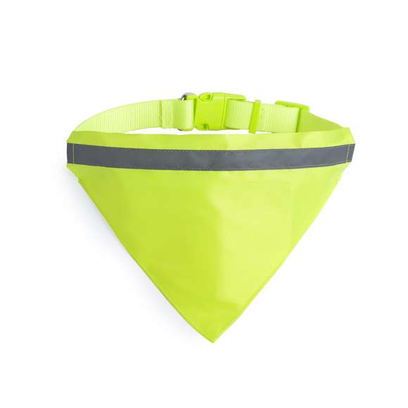 Collar bandana reflectante para mascota en resistente y suave poliéster de alta visibilidad. Con banda reflectante, cinta ajustable de cierre de clic y accesorio metálico para cinta de paseo.