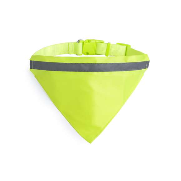 Collar bandana reflectante para mascota en resistente y suave poliéster de alta visibilidad. Con banda reflectante, cinta ajustable de cierre de clic y accesorio metálico para cinta de paseo.