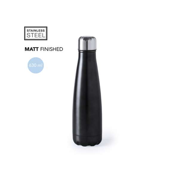 Bidón fabricado en acero inox de 630ml, con tapón de seguridad a rosca. Acabado mate en vivos y variados colores; presentado en caja individual.