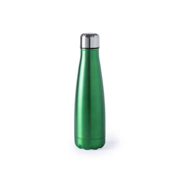 Bidón fabricado en acero inox de 630ml, con tapón de seguridad a rosca. Acabado mate en vivos y variados colores; presentado en caja individual.