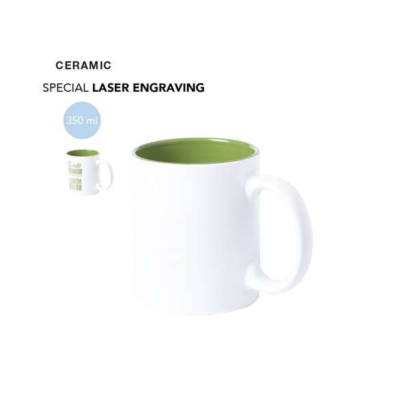Taza de cerámica de alta calidad de 350ml de capacidad. Parte exterior en color blanco, especialmente diseñada para marcaje en láser, e interior en vivos colores. Al grabar el logotipo en la parte exterior, se muestra el color del interior de la taza. Presentada en caja individual.Disponible manual de instrucciones en español e inglés.