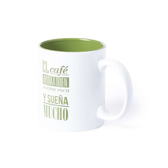 Taza de cerámica de alta calidad de 350ml de capacidad. Parte exterior en color blanco, especialmente diseñada para marcaje en láser, e interior en vivos colores. Al grabar el logotipo en la parte exterior, se muestra el color del interior de la taza. Presentada en caja individual.Disponible manual de instrucciones en español e inglés.