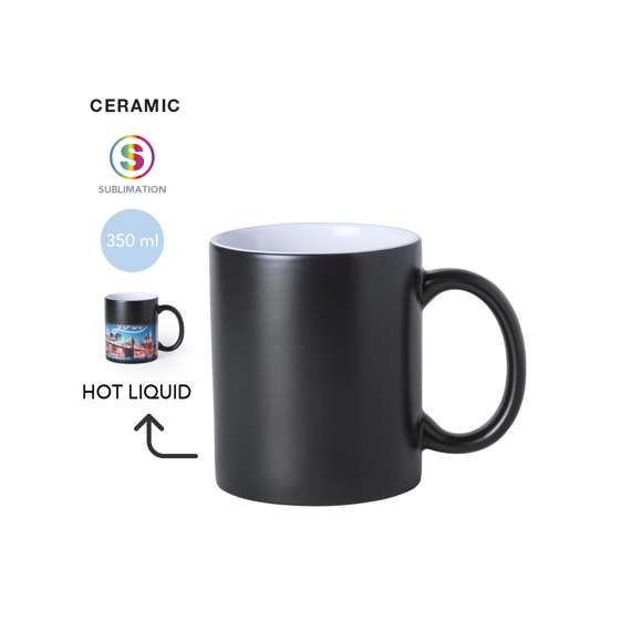 Taza de cerámica de 350ml de capacidad con exterior en color negro e interior en blanco. Especialmente diseñada para marcaje en sublimación. Presentada en caja individual.Disponible manual de instrucciones en español e inglés.