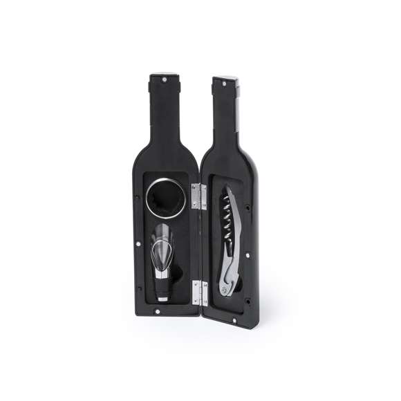 Original set de vinos en forma de botella de vino de acabado brillante, cierre magnético y accesorios de acero inox. Incluye sacacorchos con cortacápsulas y abridor, tapón dosificador, recogegotas, cortacápsulas y tapón. Presentado en estuche individual con interior en suave espuma troquelada.