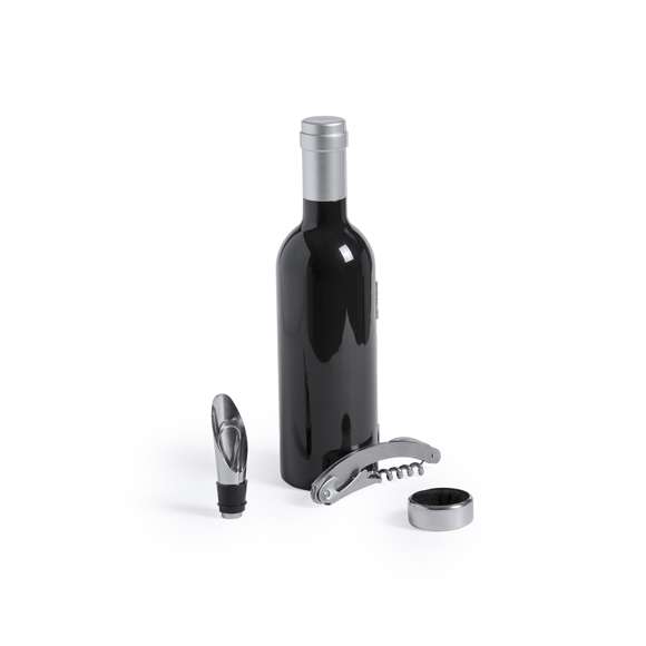 Original set de vinos en forma de botella de vino de acabado brillante, cierre magnético y accesorios de acero inox. Incluye sacacorchos con cortacápsulas y abridor, tapón dosificador, recogegotas, cortacápsulas y tapón. Presentado en estuche individual con interior en suave espuma troquelada.