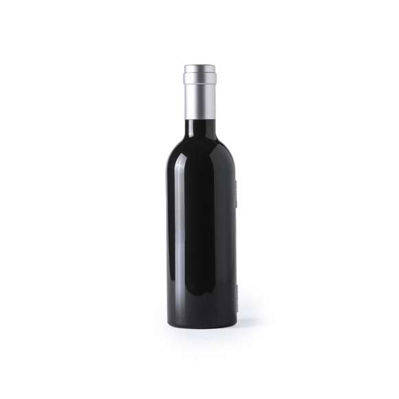 Original set de vinos en forma de botella de vino de acabado brillante, cierre magnético y accesorios de acero inox. Incluye sacacorchos con cortacápsulas y abridor, tapón dosificador, recogegotas, cortacápsulas y tapón. Presentado en estuche individual con interior en suave espuma troquelada.