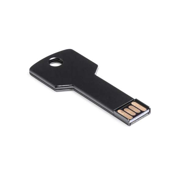Memoria USB en forma de llave de 16GB de capacidad, de acabado en aluminio brillante y diseñada para llevar en el llavero. Presentada en estuche individual metálico con ventana y suave espuma troquelada.