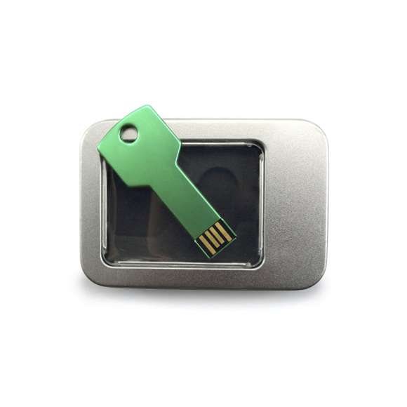 Memoria USB en forma de llave de 16GB de capacidad, de acabado en aluminio brillante y diseñada para llevar en el llavero. Presentada en estuche individual metálico con ventana y suave espuma troquelada.