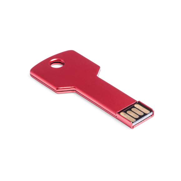 Memoria USB en forma de llave de 16GB de capacidad, de acabado en aluminio brillante y diseñada para llevar en el llavero. Presentada en estuche individual metálico con ventana y suave espuma troquelada.
