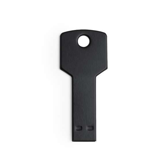 Memoria USB en forma de llave de 16GB de capacidad, de acabado en aluminio brillante y diseñada para llevar en el llavero. Presentada en estuche individual metálico con ventana y suave espuma troquelada.