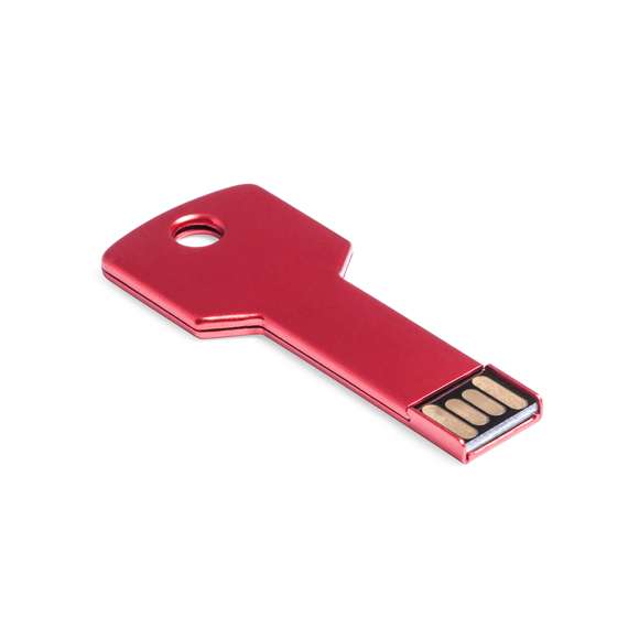 Memoria USB en forma de llave de 16GB de capacidad, de acabado en aluminio brillante y diseñada para llevar en el llavero. Presentada en estuche individual metálico con ventana y suave espuma troquelada.