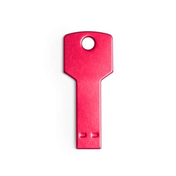 Memoria USB en forma de llave de 16GB de capacidad, de acabado en aluminio brillante y diseñada para llevar en el llavero. Presentada en estuche individual metálico con ventana y suave espuma troquelada.