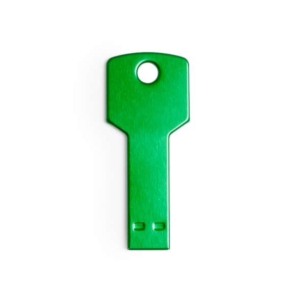 Memoria USB en forma de llave de 16GB de capacidad, de acabado en aluminio brillante y diseñada para llevar en el llavero. Presentada en estuche individual metálico con ventana y suave espuma troquelada.