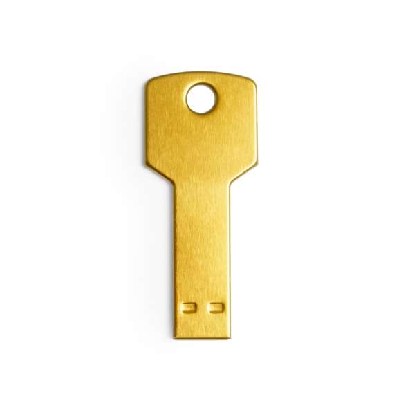 Memoria USB en forma de llave de 16GB de capacidad, de acabado en aluminio brillante y diseñada para llevar en el llavero. Presentada en estuche individual metálico con ventana y suave espuma troquelada.
